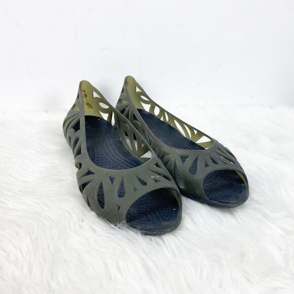 CROCS Shoes - Crocs 8 Womens Black Rubber Laser Cut Peep Toe Flats